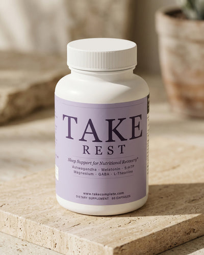 TAKE Rest sleep supplement for GLP-1 users on Ozempic and Wegovy — KSM-66 ashwagandha, 5-HTP, melatonin, and magnesium citrate for sleep disruption and fatigue during weight loss