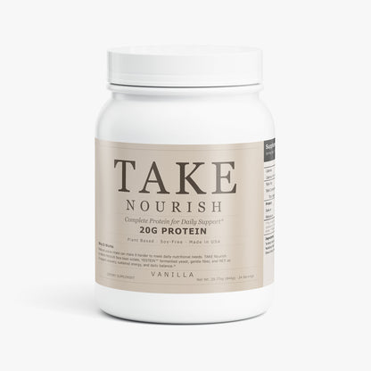 TAKE Nourish Vanilla plant protein label, panel 1 of 5