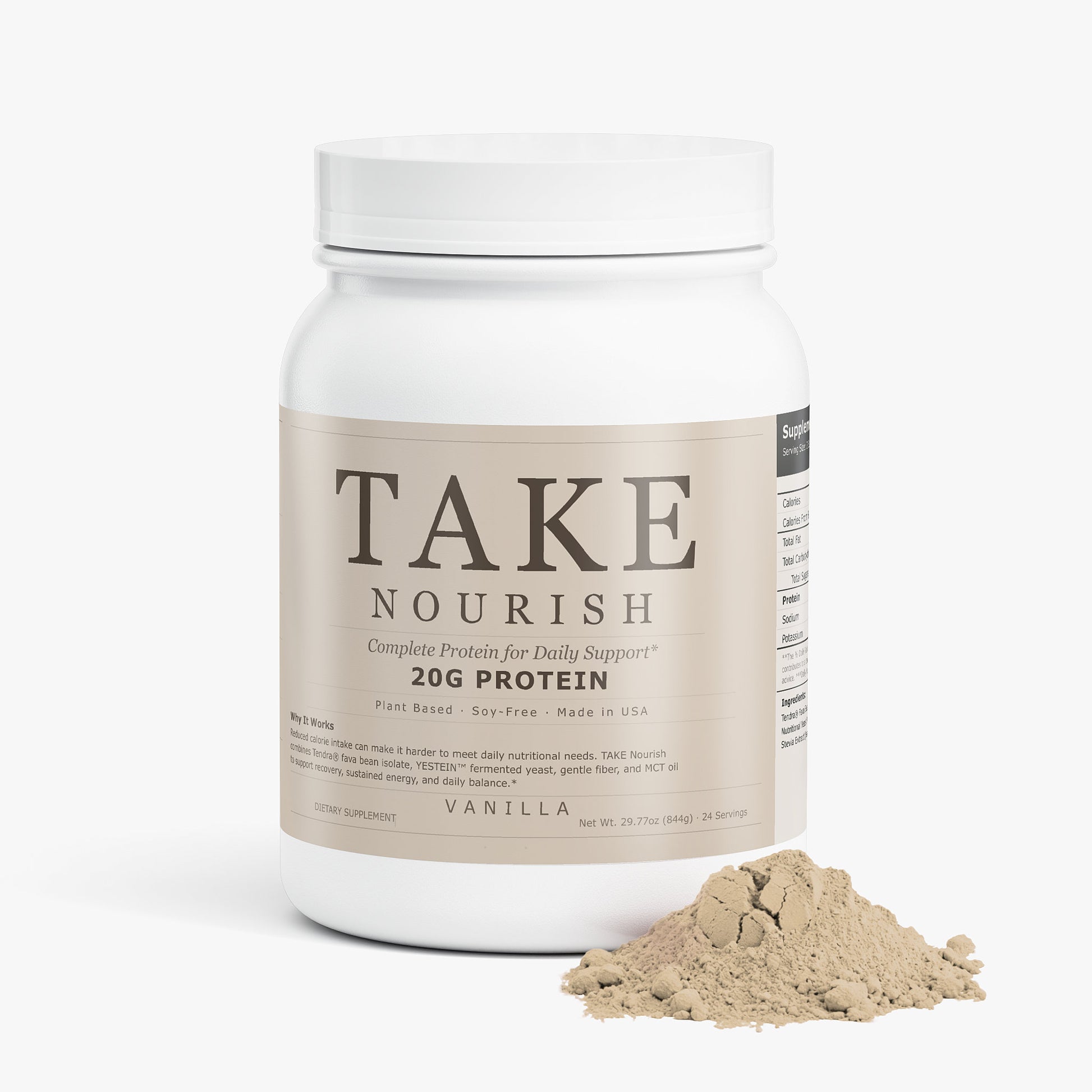 TAKE Nourish Vanilla plant protein label, panel 2 of 5