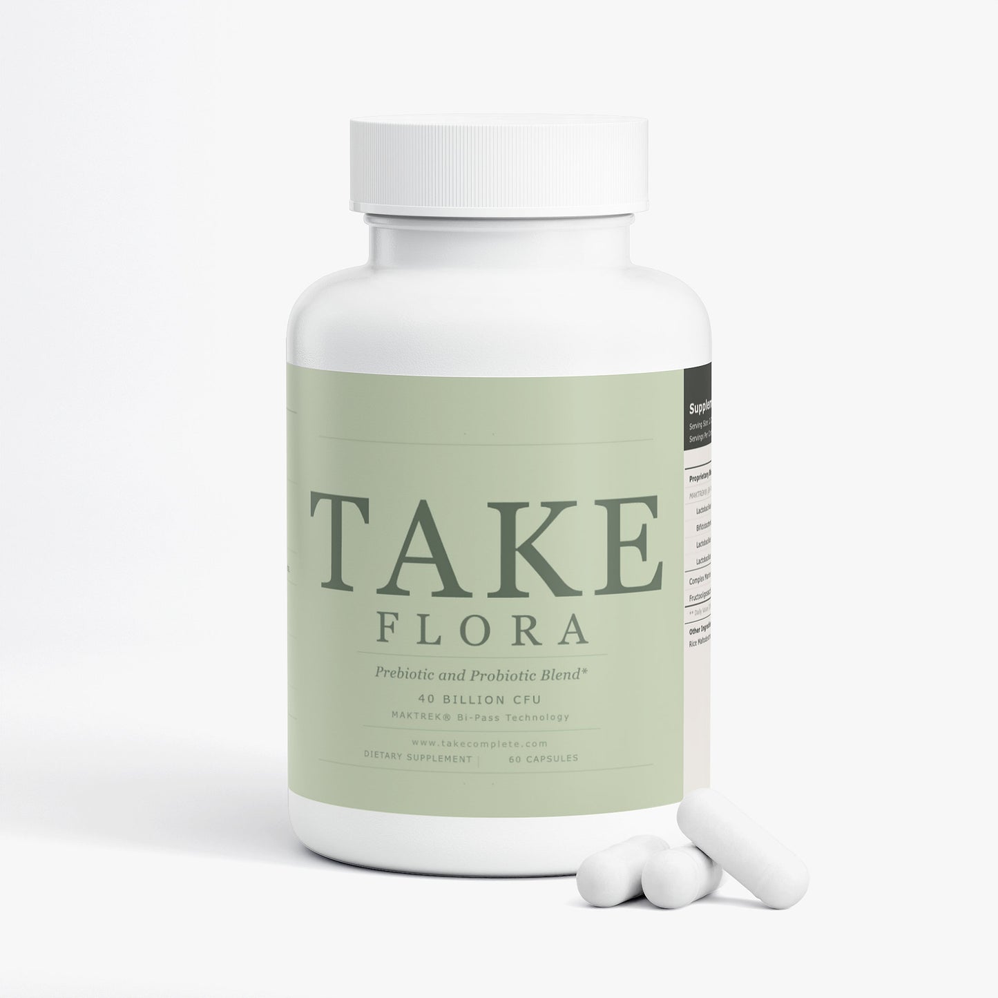 TAKE Flora probiotic label, panel 2 of 5