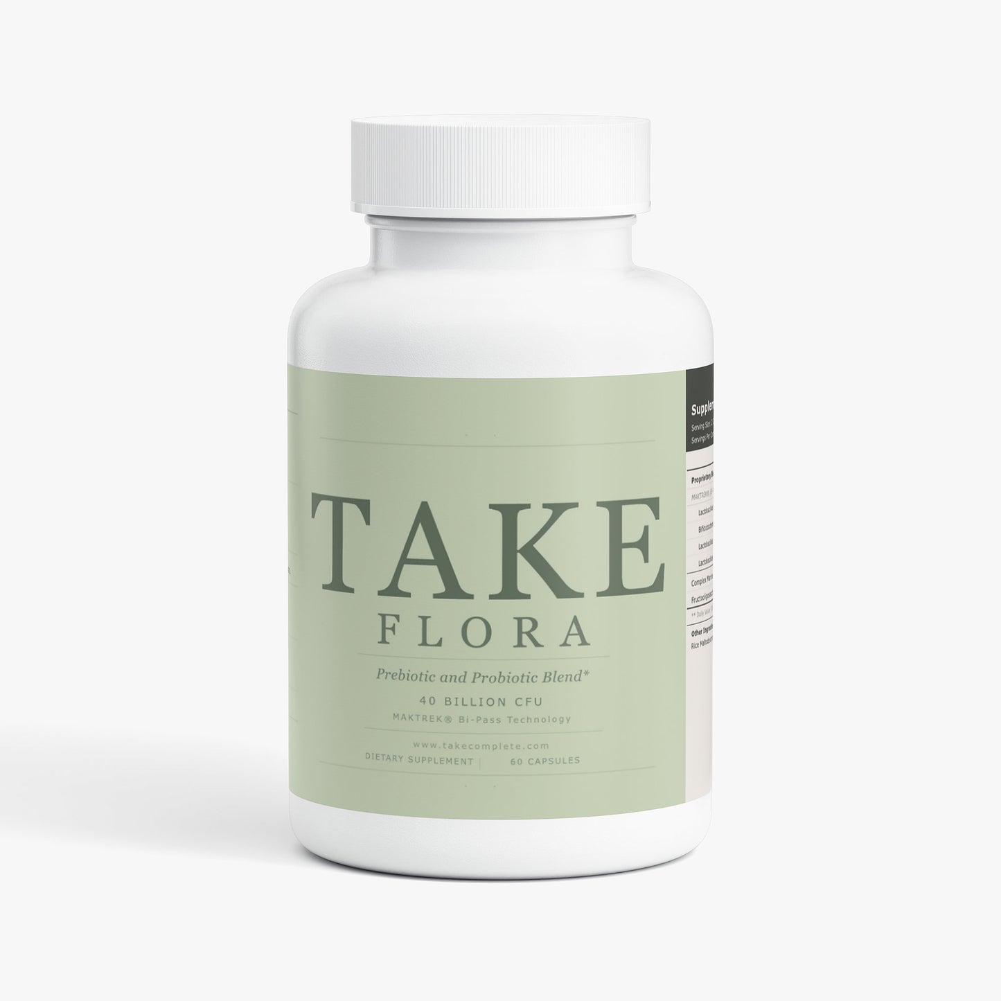 TAKE Flora probiotic label, panel 1 of 5