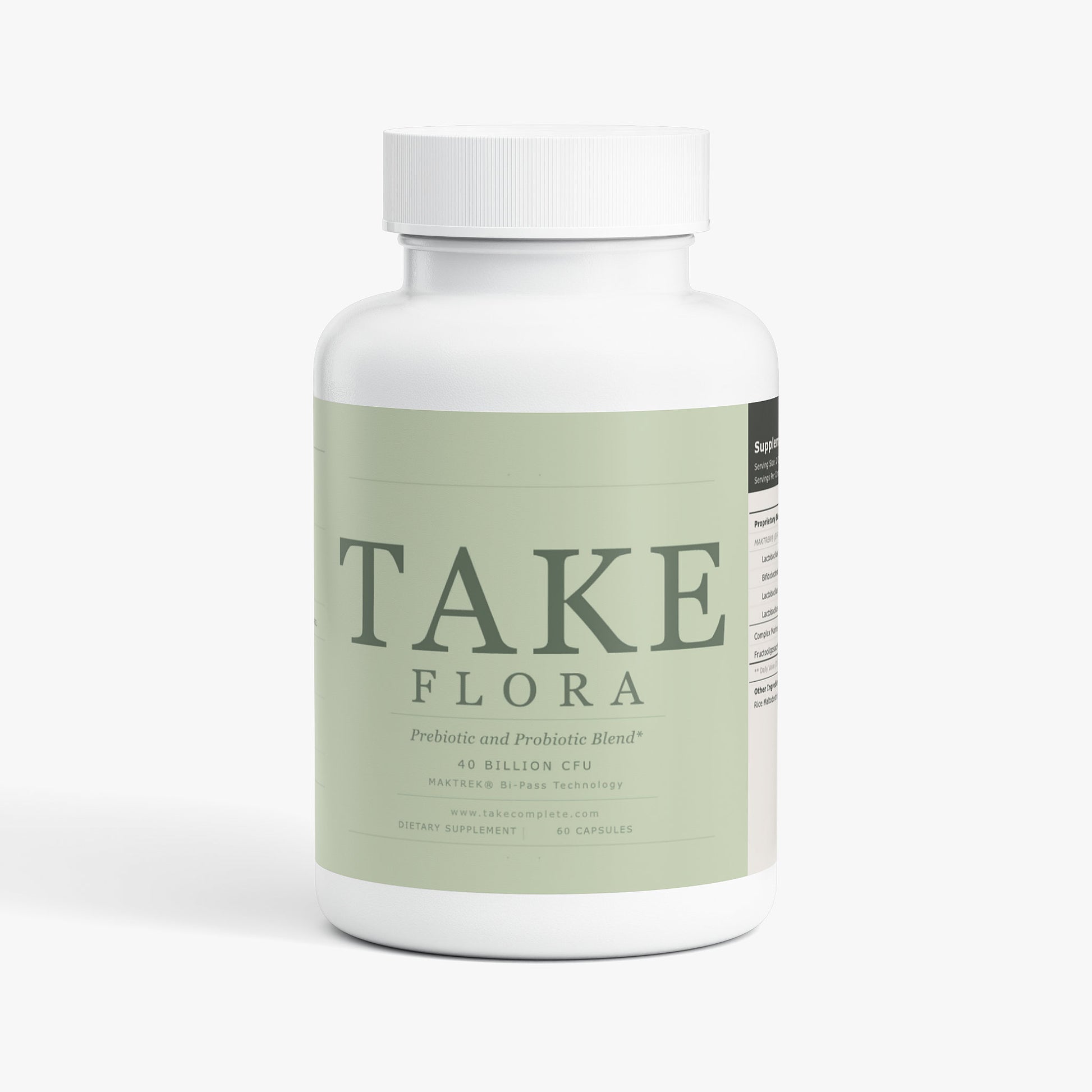 TAKE Flora probiotic label, panel 1 of 5