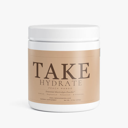 TAKE Hydrate Peach Mango electrolyte powder label, panel 1 of 5