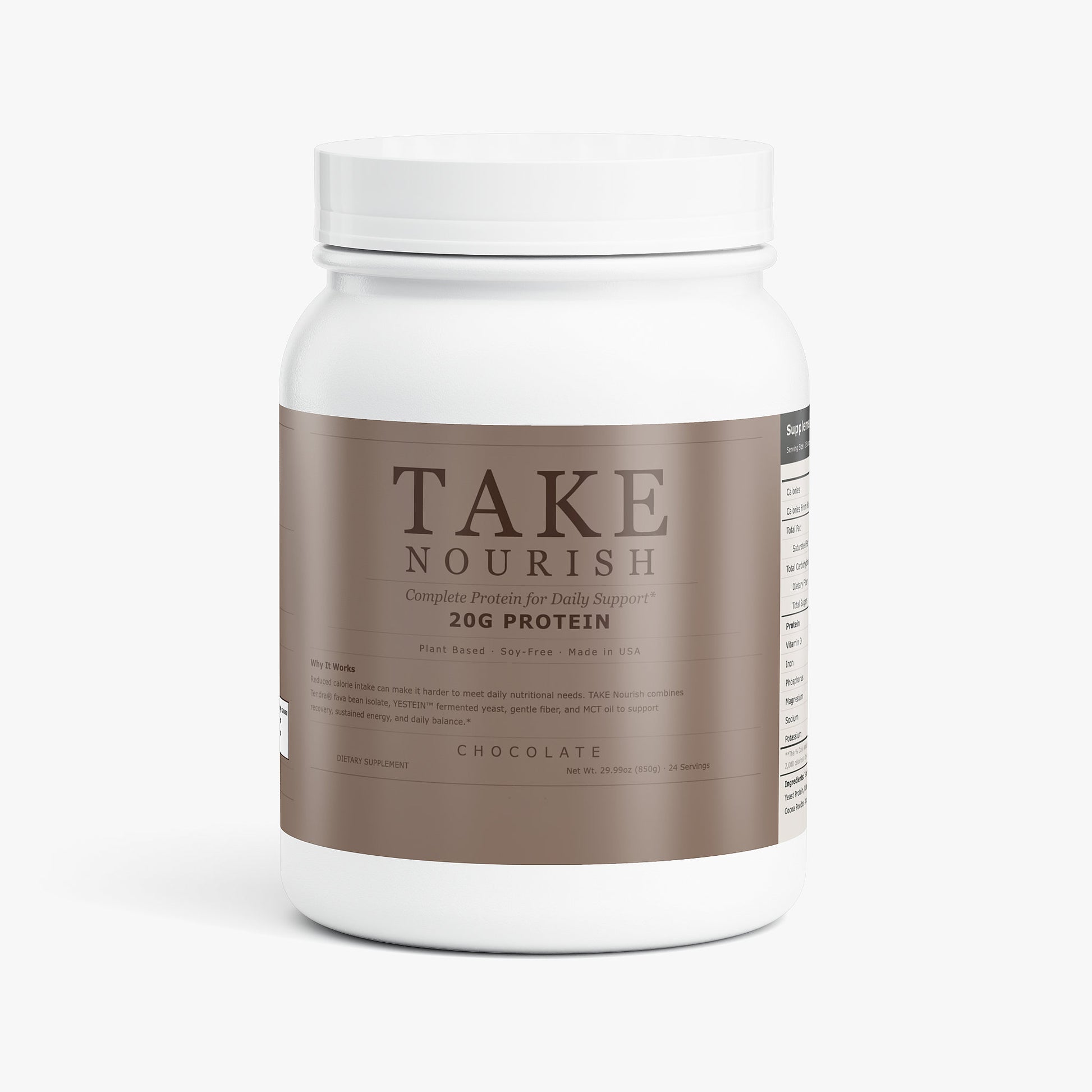 TAKE Nourish Chocolate plant protein label, panel 1 of 5