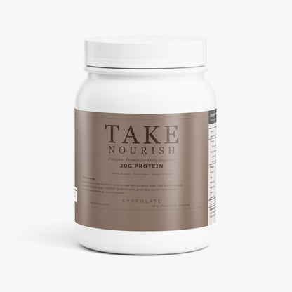 TAKE Nourish Chocolate plant protein label, panel 1 of 5