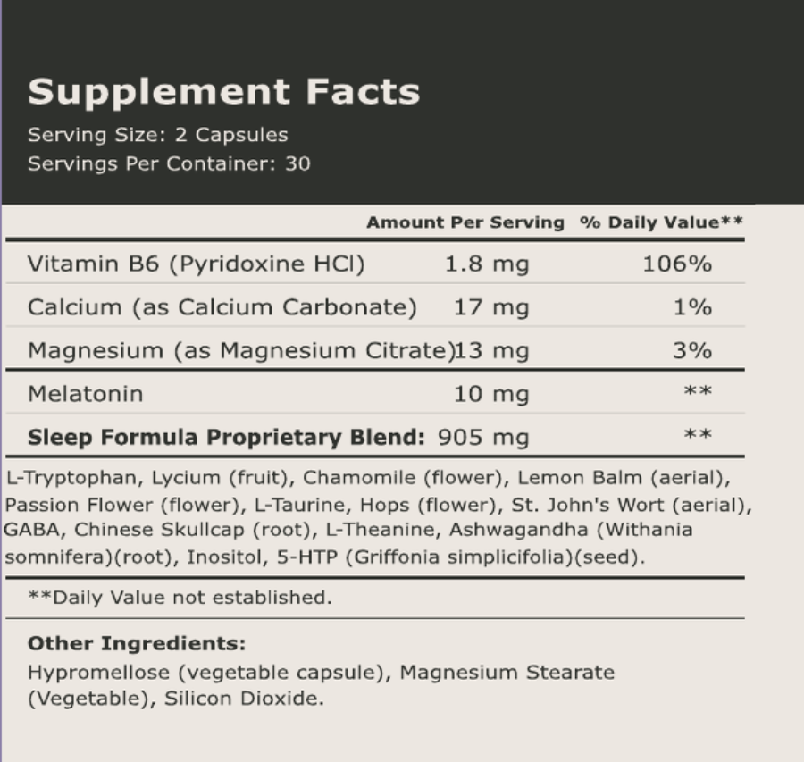 TAKE Rest supplement facts panel showing ashwagandha, 5-HTP and melatonin with per serving amounts
