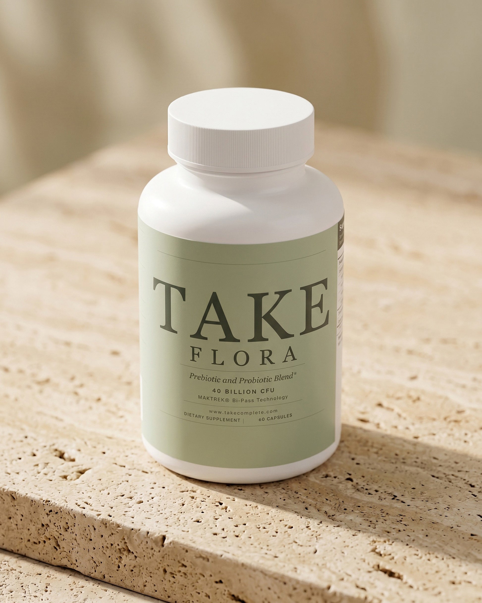 TAKE Flora probiotic with MAKTREK Bi-Pass Technology for GLP-1 gut health, bloating, and microbiome support on Ozempic and Wegovy