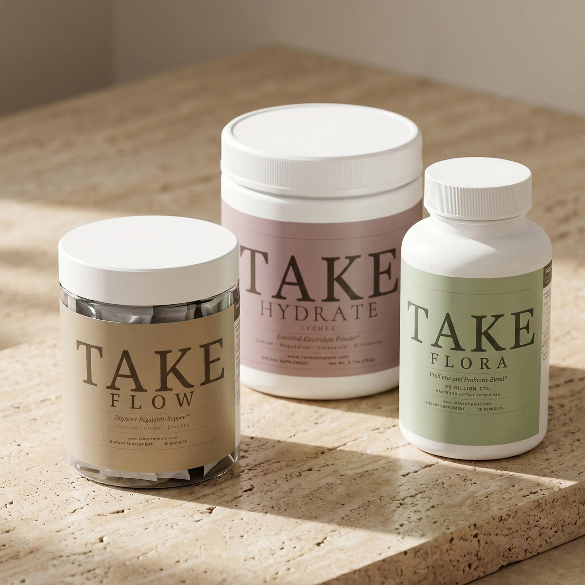The Gut Reset GLP-1 supplement bundle: TAKE Flora, Flow, and Hydrate for digestive comfort and regularity during GLP-1 treatment