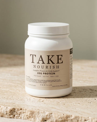TAKE Nourish plant protein powder for GLP-1 users on Ozempic and Wegovy — 20g complete fava bean and fermented protein for muscle preservation and protein deficiency during weight loss