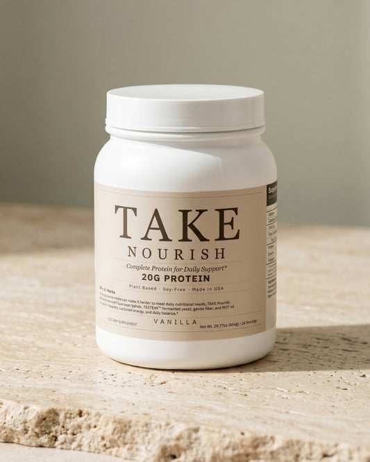 TAKE Nourish plant protein powder for GLP-1 users on Ozempic and Wegovy — 20g complete fava bean and fermented protein for muscle preservation and protein deficiency during weight loss