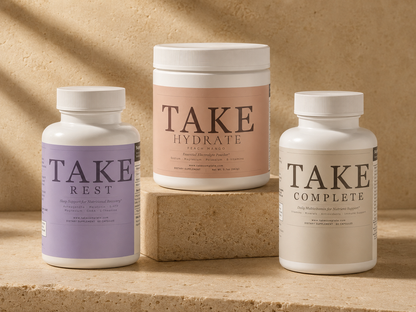 The Restore System — TAKE Rest, Complete, and Hydrate bundle for sleep recovery and daily energy support on GLP-1 medications including Ozempic and Wegovy