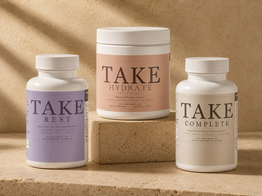 The Restore System — TAKE Rest, Complete, and Hydrate bundle for sleep recovery and daily energy support on GLP-1 medications including Ozempic and Wegovy
