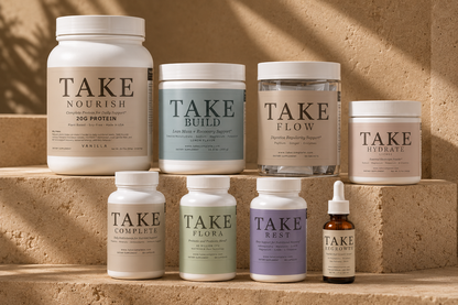 The Eight — All eight TAKE Essentials in one complete GLP-1 wellness system including Complete, Flora, Hydrate, Build, Nourish, Flow, Regrowth, and Rest